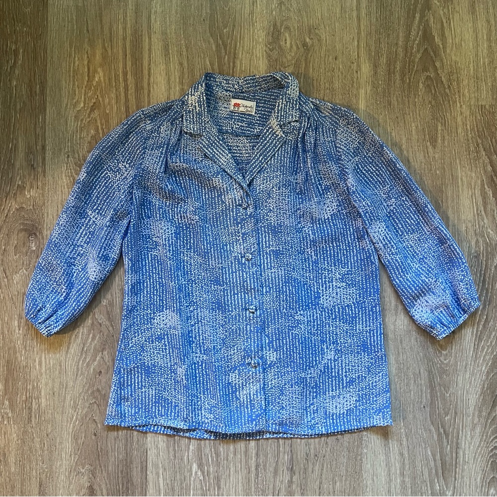 Vintage Women’s Naturally Yours Blue Collared  3/4 Sleeve Blouse Size Small